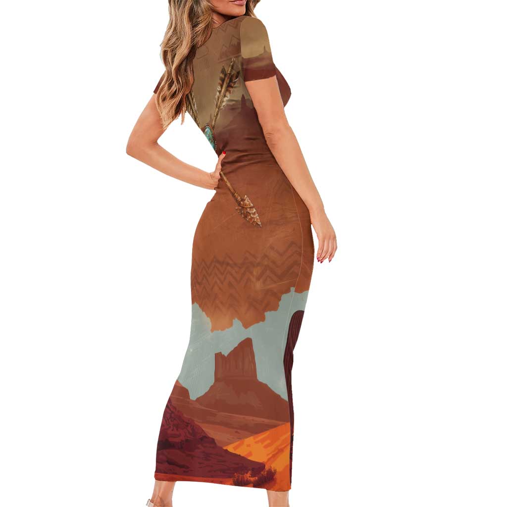Geronimo Native American Short Sleeve Bodycon Dress Rifle and Desert Landscape Native American Warrior - Wonder Print Shop