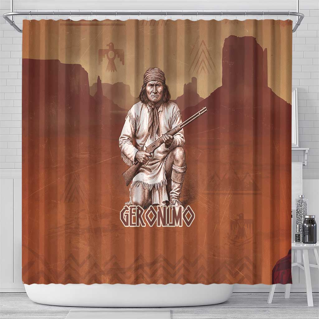 Geronimo Native American Shower Curtain Rifle and Desert Landscape Native American Warrior - Wonder Print Shop