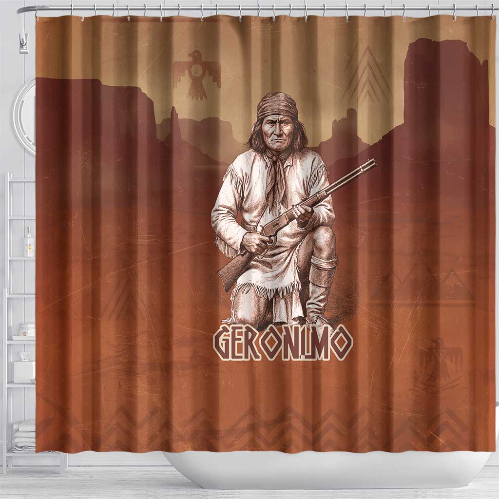 Geronimo Native American Shower Curtain Rifle and Desert Landscape Native American Warrior - Wonder Print Shop