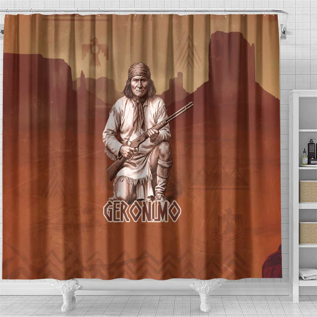 Geronimo Native American Shower Curtain Rifle and Desert Landscape Native American Warrior - Wonder Print Shop