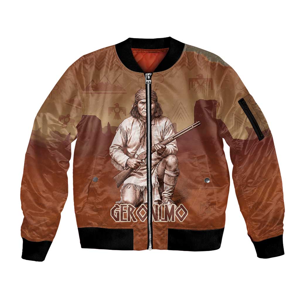 Geronimo Native American Sleeve Zip Bomber Jacket Rifle and Desert Landscape Native American Warrior - Wonder Print Shop