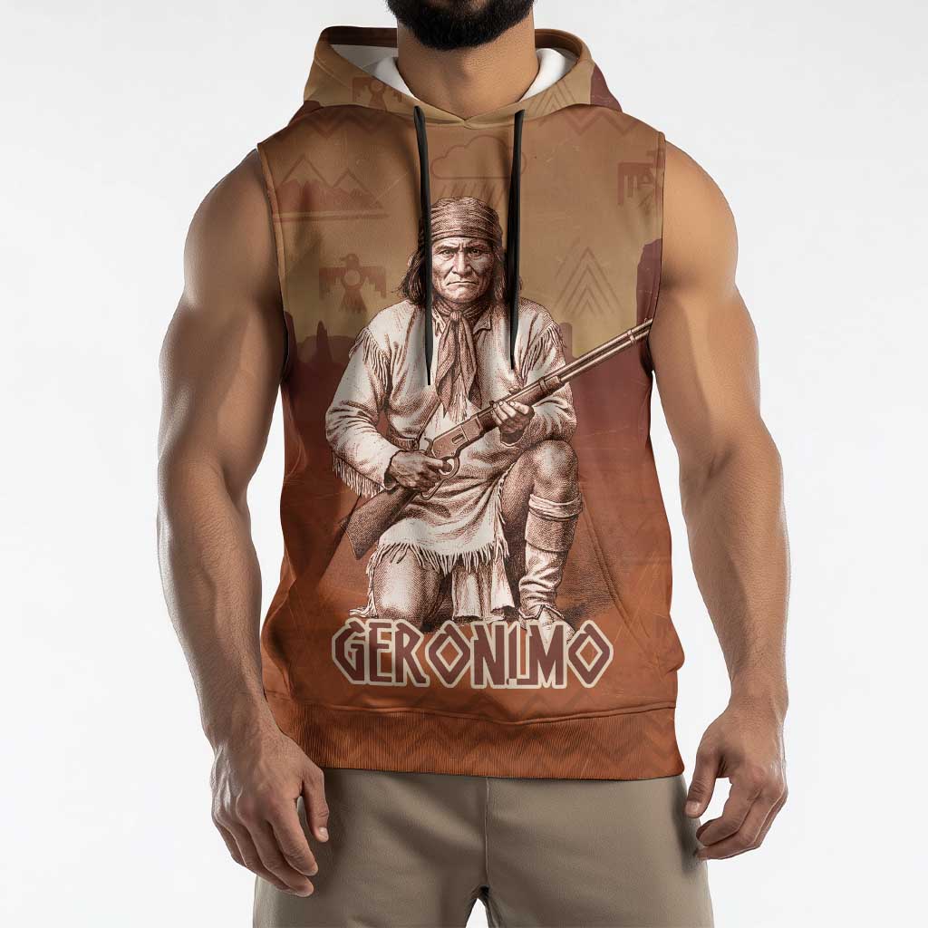 Geronimo Native American Sleeveless Hoodie Rifle and Desert Landscape Native American Warrior - Wonder Print Shop