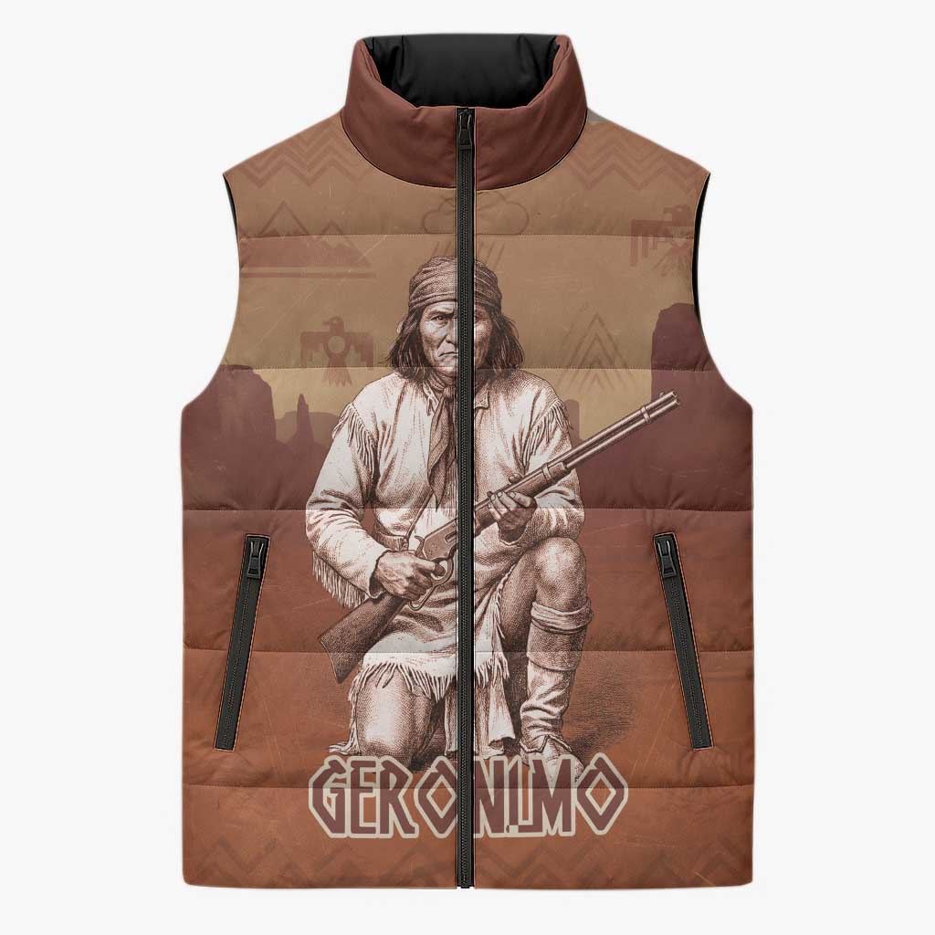 Geronimo Native American Sleeveless Puffer Jacket Rifle and Desert Landscape Native American Warrior - Wonder Print Shop