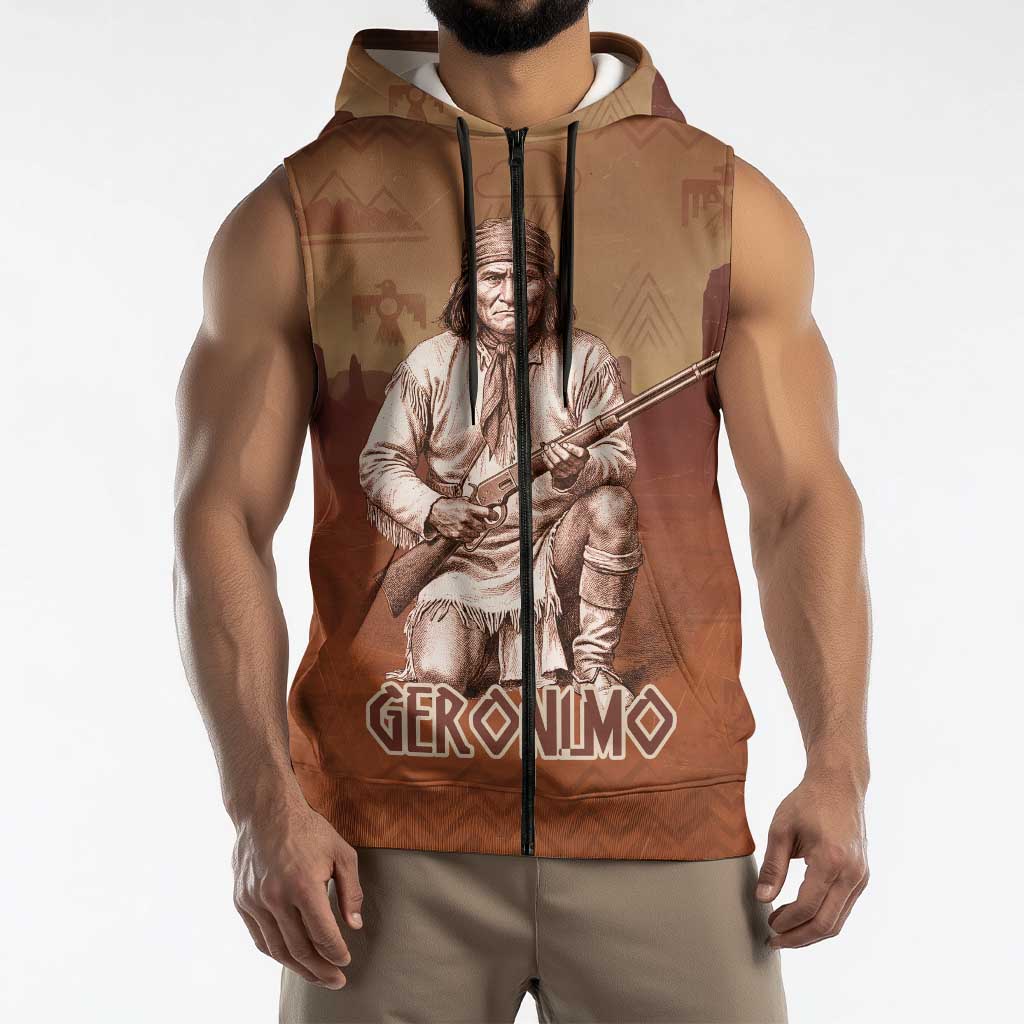 Geronimo Native American Sleeveless Zip Hoodie Rifle and Desert Landscape Native American Warrior - Wonder Print Shop