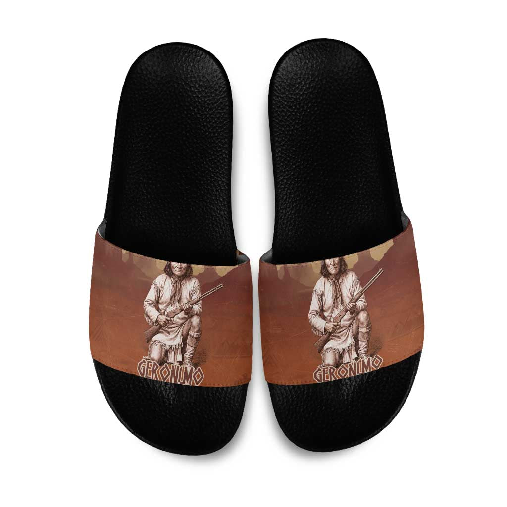 Geronimo Native American Slide Sandals Rifle and Desert Landscape Native American Warrior - Wonder Print Shop