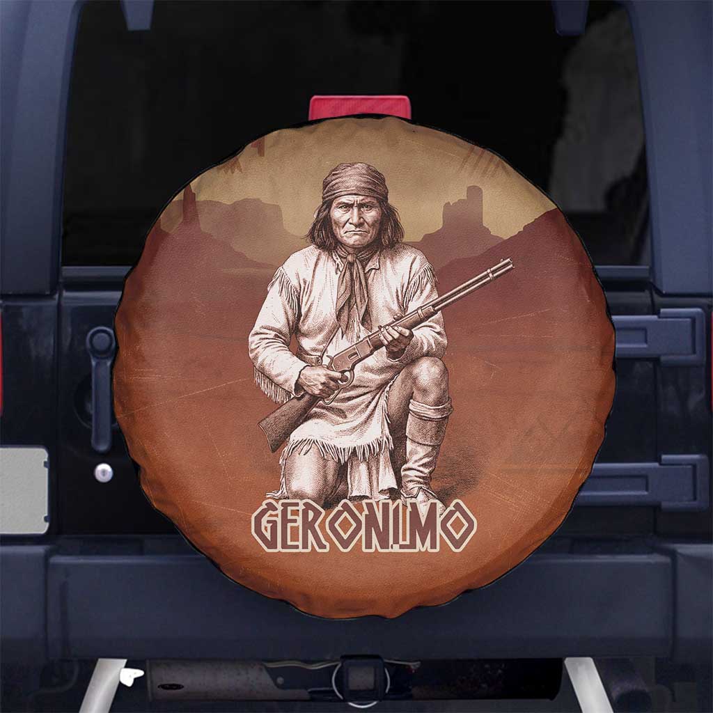 Geronimo Native American Spare Tire Cover Rifle and Desert Landscape Native American Warrior - Wonder Print Shop