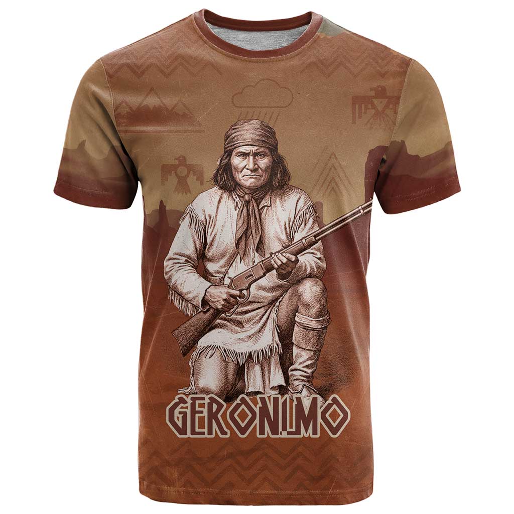 Geronimo Native American T Shirt Rifle and Desert Landscape Native American Warrior - Wonder Print Shop