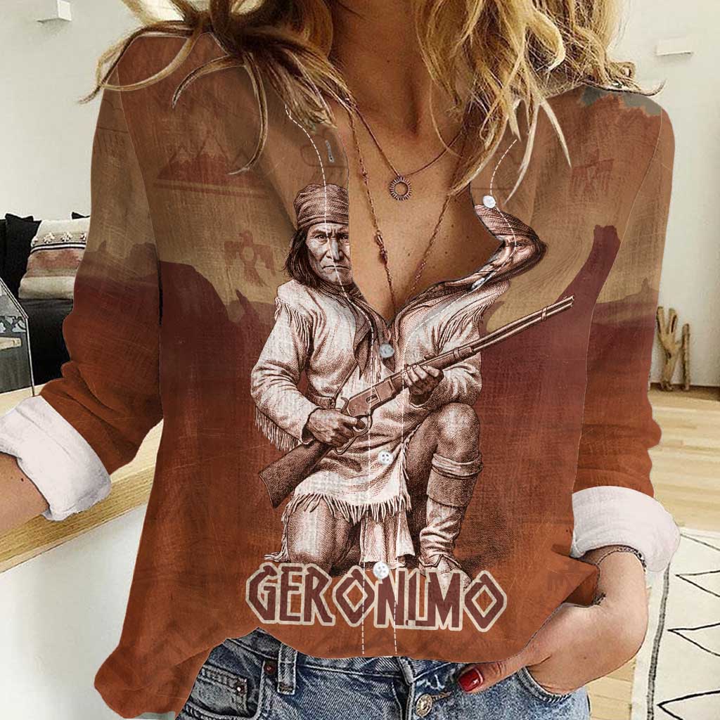 Geronimo Native American Women Casual Shirt Rifle and Desert Landscape Native American Warrior - Wonder Print Shop