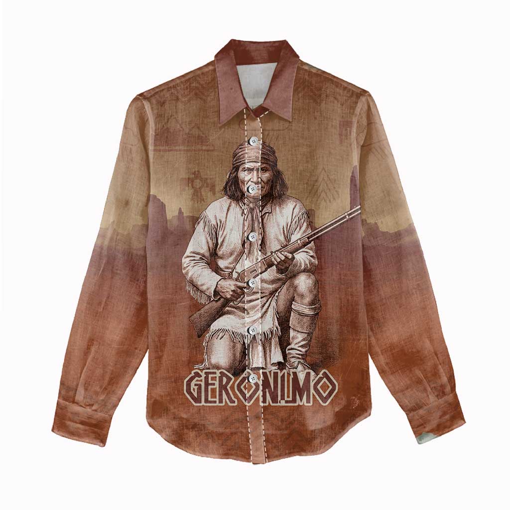 Geronimo Native American Women Casual Shirt Rifle and Desert Landscape Native American Warrior - Wonder Print Shop