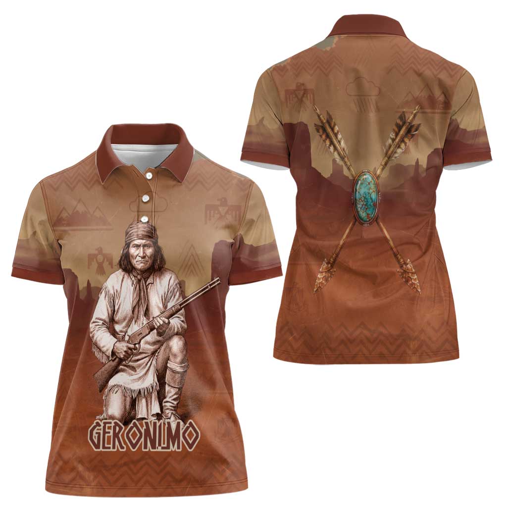 Geronimo Native American Women Polo Shirt Rifle and Desert Landscape Native American Warrior - Wonder Print Shop