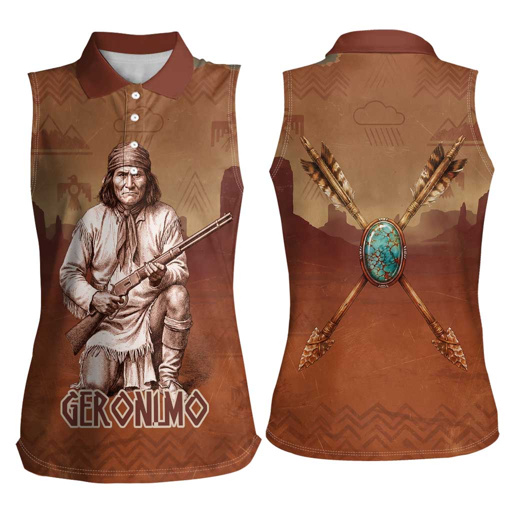 Geronimo Native American Women Sleeveless Polo Shirt Rifle and Desert Landscape Native American Warrior - Wonder Print Shop