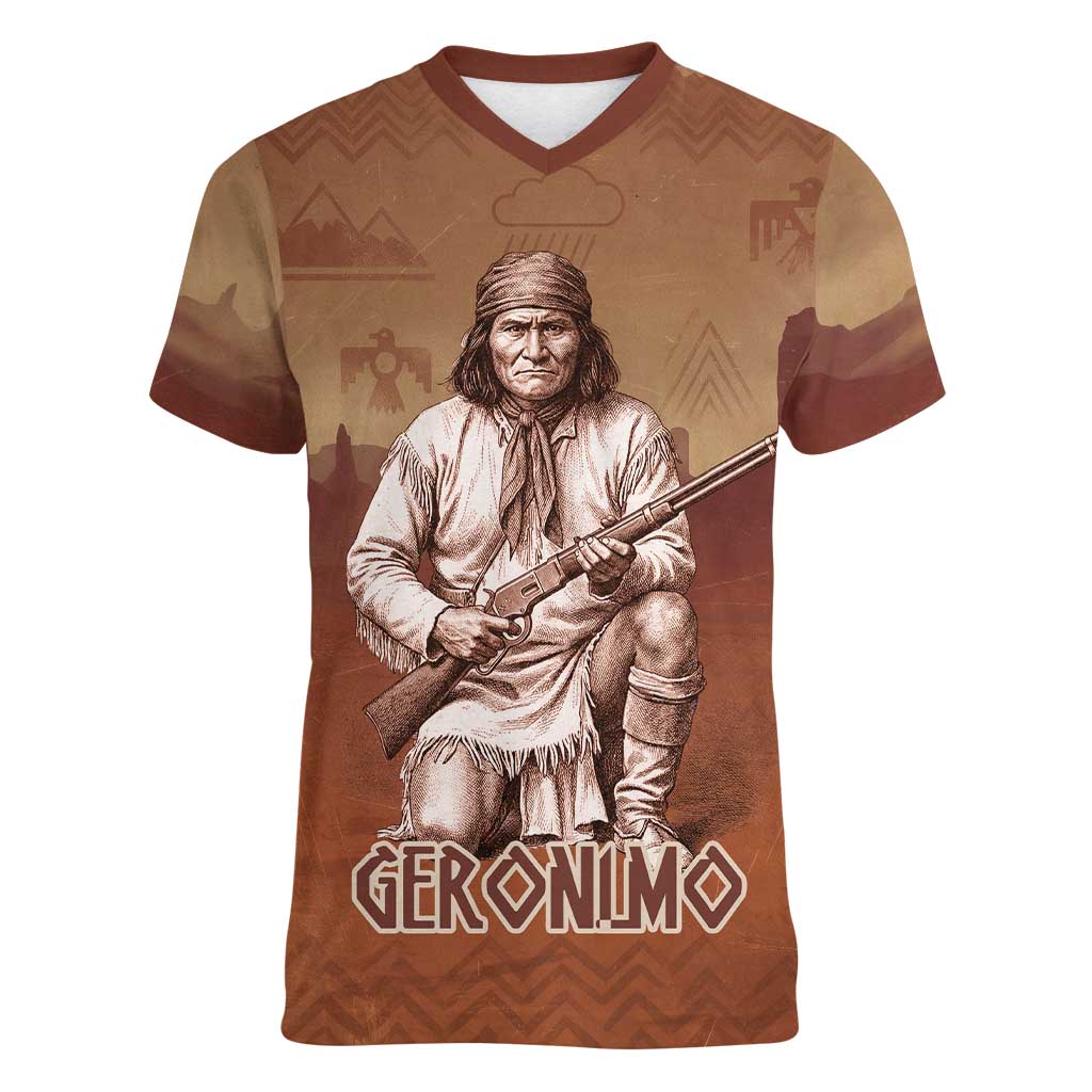 Geronimo Native American Women V-Neck T-Shirt Rifle and Desert Landscape Native American Warrior - Wonder Print Shop