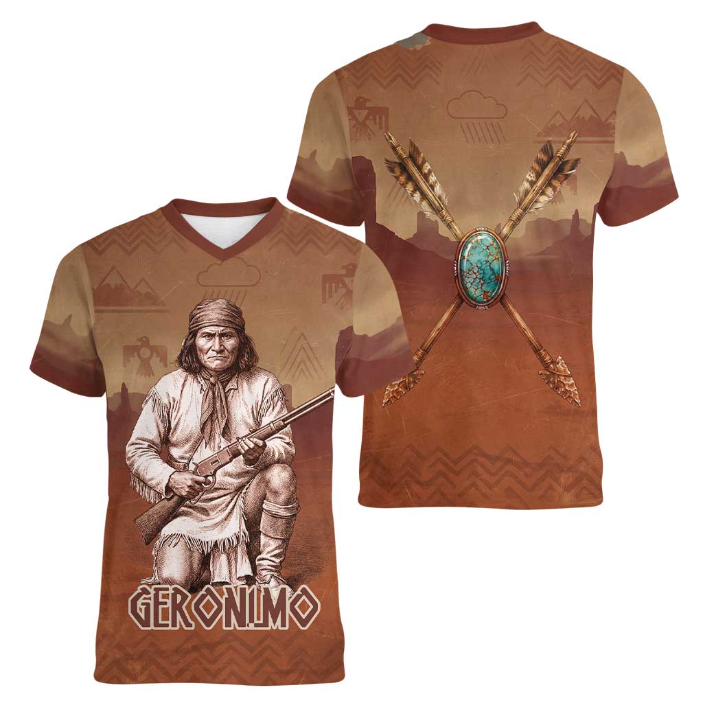 Geronimo Native American Women V-Neck T-Shirt Rifle and Desert Landscape Native American Warrior - Wonder Print Shop