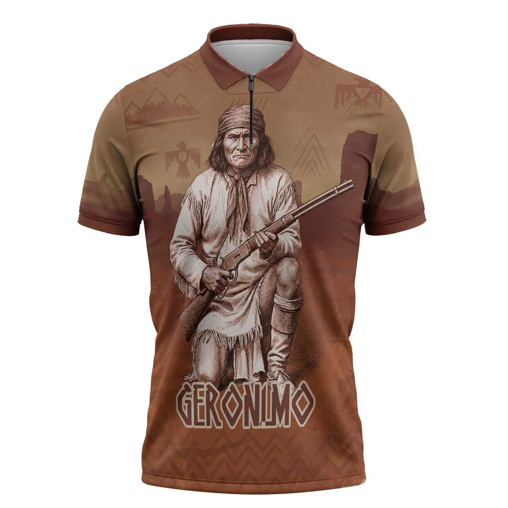 Geronimo Native American Zipper Polo Shirt Rifle and Desert Landscape Native American Warrior - Wonder Print Shop