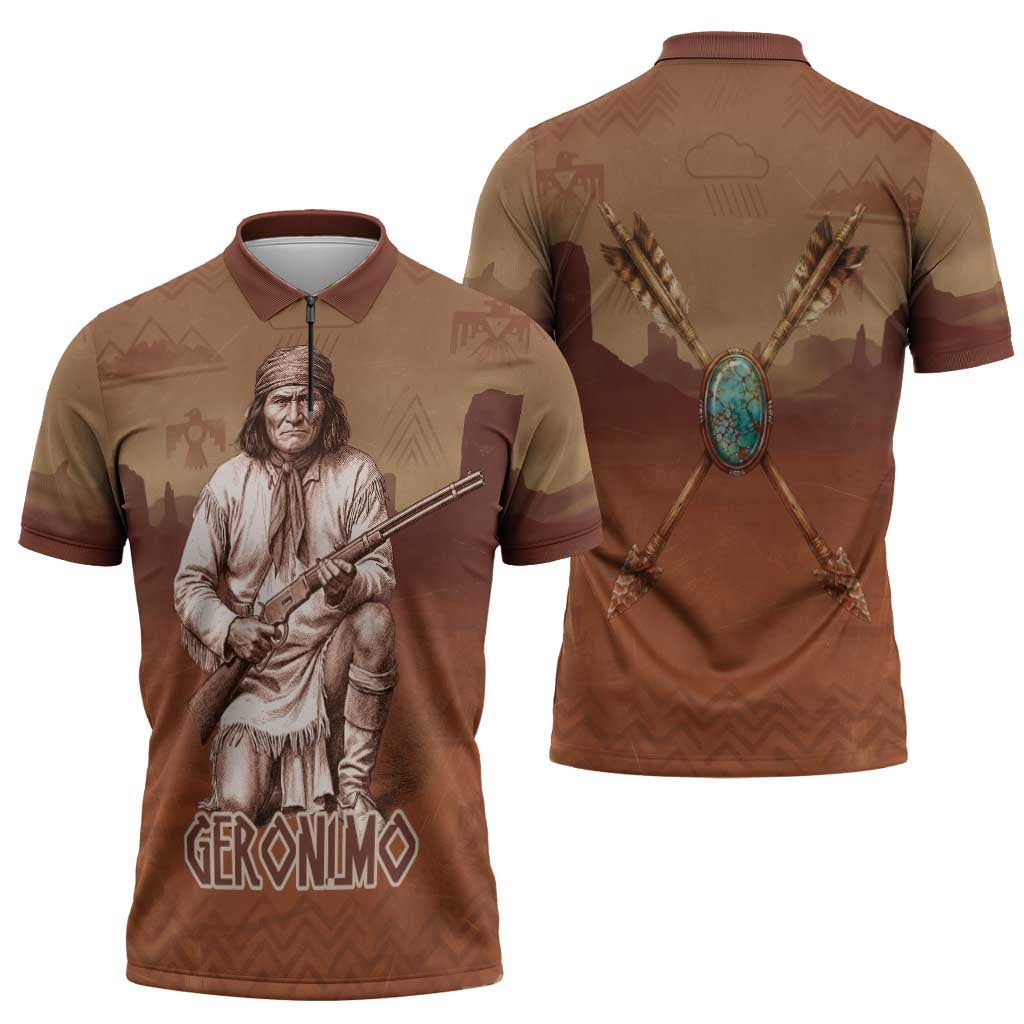 Geronimo Native American Zipper Polo Shirt Rifle and Desert Landscape Native American Warrior - Wonder Print Shop