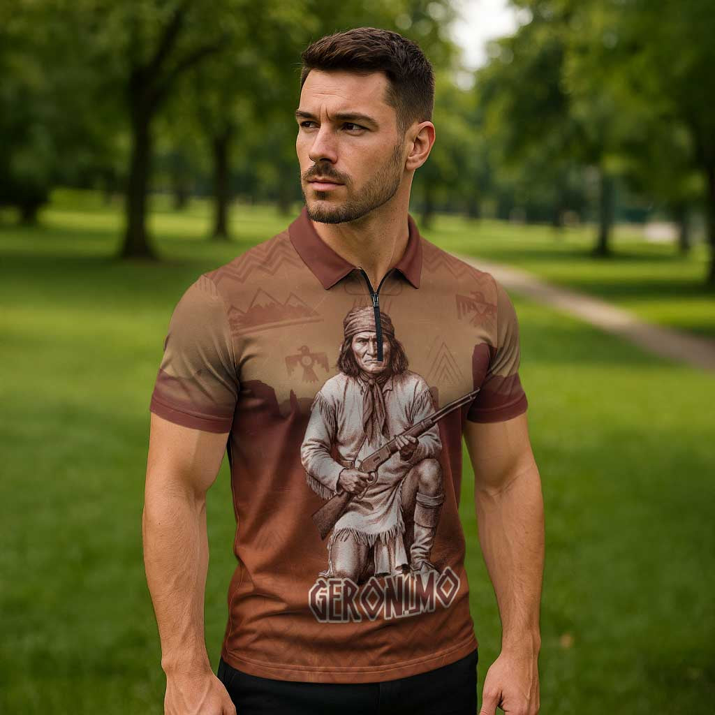 Geronimo Native American Zipper Polo Shirt Rifle and Desert Landscape Native American Warrior - Wonder Print Shop