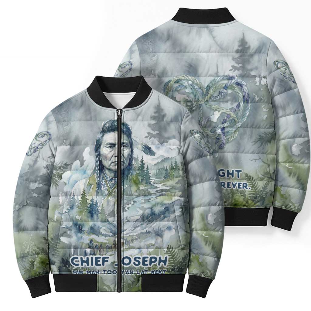 Chief Joseph Native American Bomber Puffer Jacket Tribal Heart Symbol Inspirational Quote Will Fight No More Forever - Wonder Print Shop
