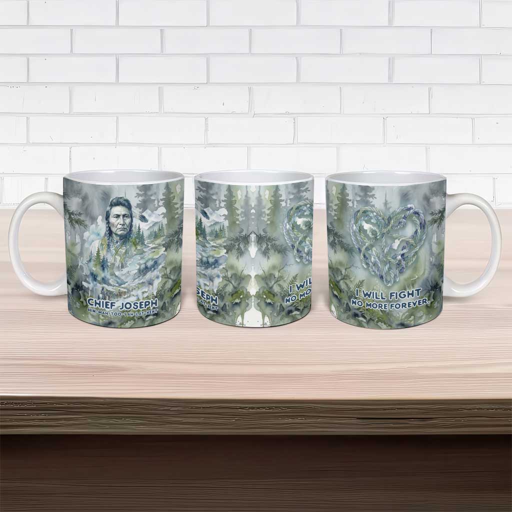 Chief Joseph Native American Ceramic Mug Tribal Heart Symbol Inspirational Quote Will Fight No More Forever - Wonder Print Shop