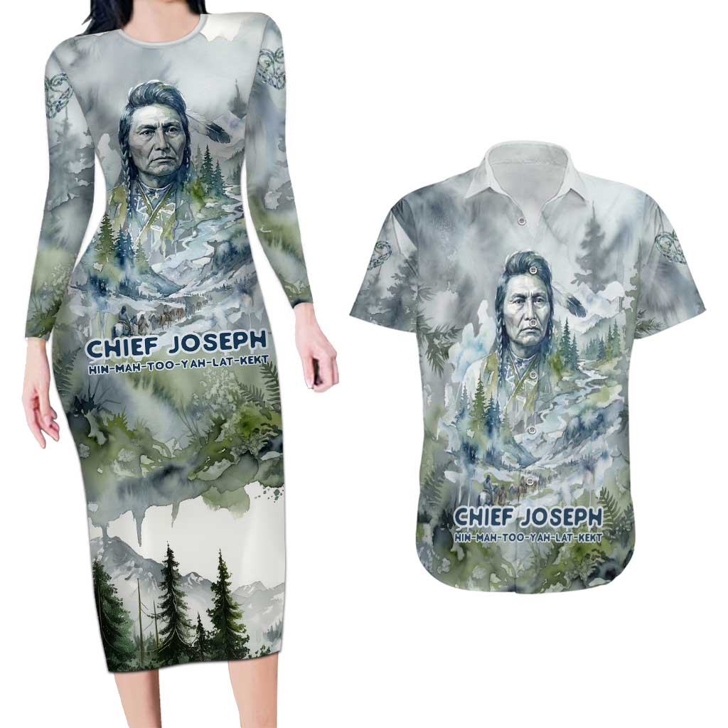 Chief Joseph Native American Couples Matching Long Sleeve Bodycon Dress and Hawaiian Shirt Tribal Heart Symbol Inspirational Quote Will Fight No More Forever - Wonder Print Shop