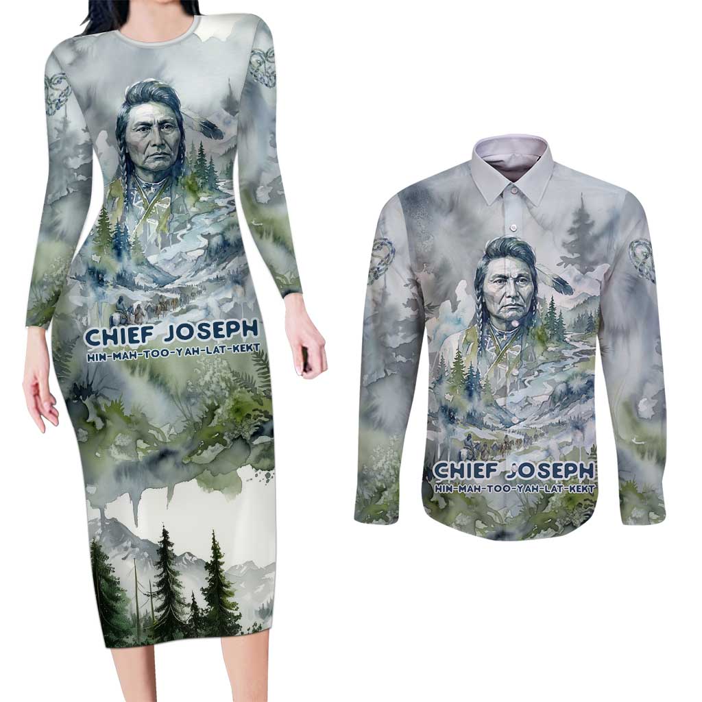 Chief Joseph Native American Couples Matching Long Sleeve Bodycon Dress and Long Sleeve Button Shirt Tribal Heart Symbol Inspirational Quote Will Fight No More Forever - Wonder Print Shop