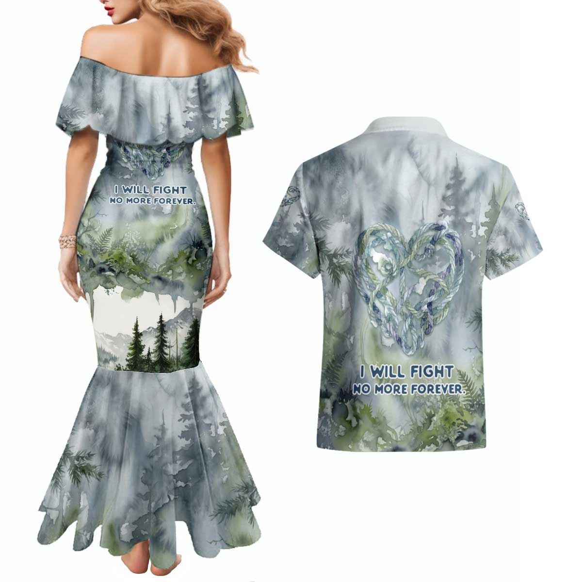 Chief Joseph Native American Couples Matching Mermaid Dress and Hawaiian Shirt Tribal Heart Symbol Inspirational Quote Will Fight No More Forever - Wonder Print Shop