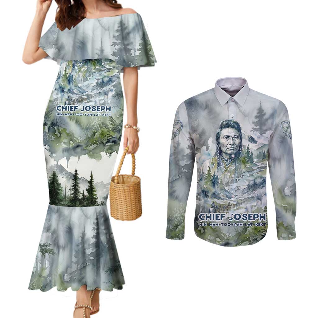 Chief Joseph Native American Couples Matching Mermaid Dress and Long Sleeve Button Shirt Tribal Heart Symbol Inspirational Quote Will Fight No More Forever - Wonder Print Shop