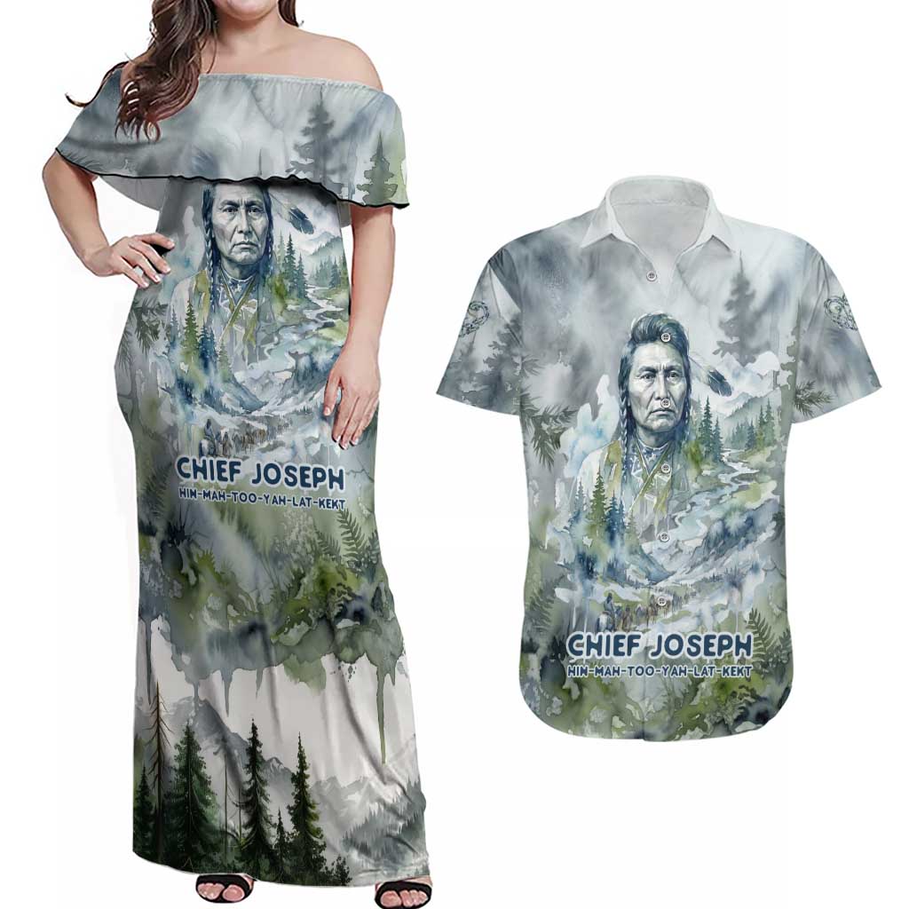 Chief Joseph Native American Couples Matching Off Shoulder Maxi Dress and Hawaiian Shirt Tribal Heart Symbol Inspirational Quote Will Fight No More Forever - Wonder Print Shop