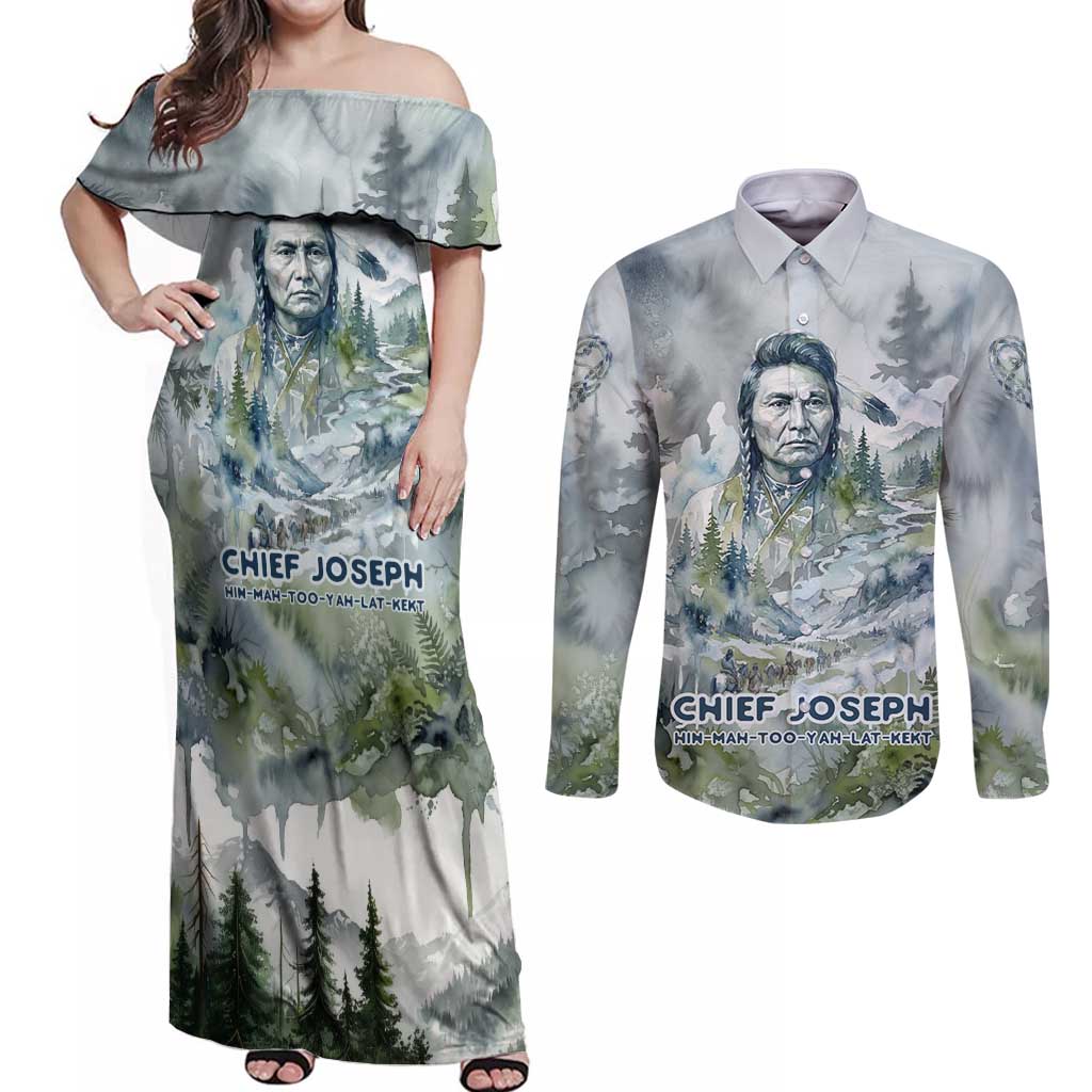 Chief Joseph Native American Couples Matching Off Shoulder Maxi Dress and Long Sleeve Button Shirt Tribal Heart Symbol Inspirational Quote Will Fight No More Forever - Wonder Print Shop