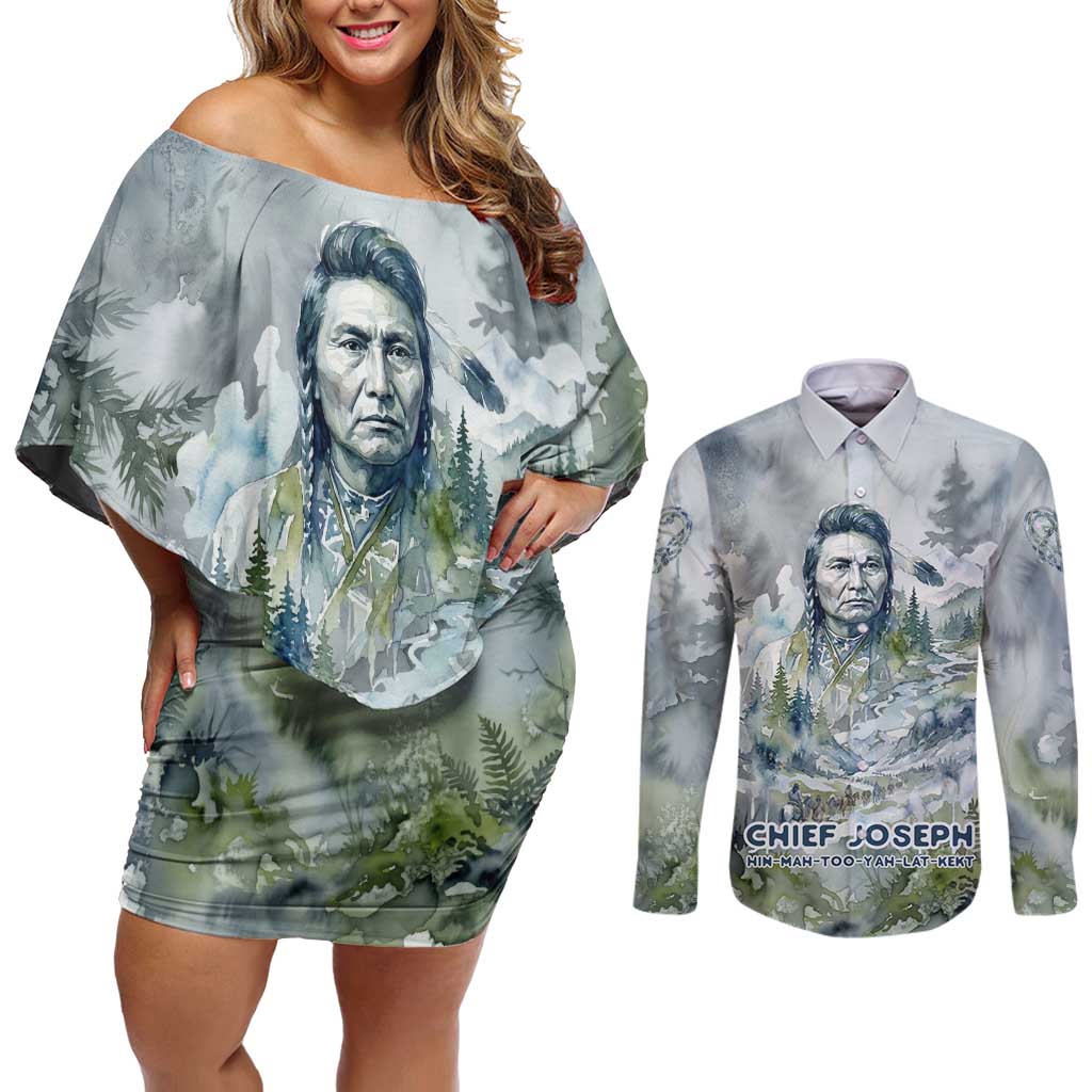 Chief Joseph Native American Couples Matching Off Shoulder Short Dress and Long Sleeve Button Shirt Tribal Heart Symbol Inspirational Quote Will Fight No More Forever - Wonder Print Shop