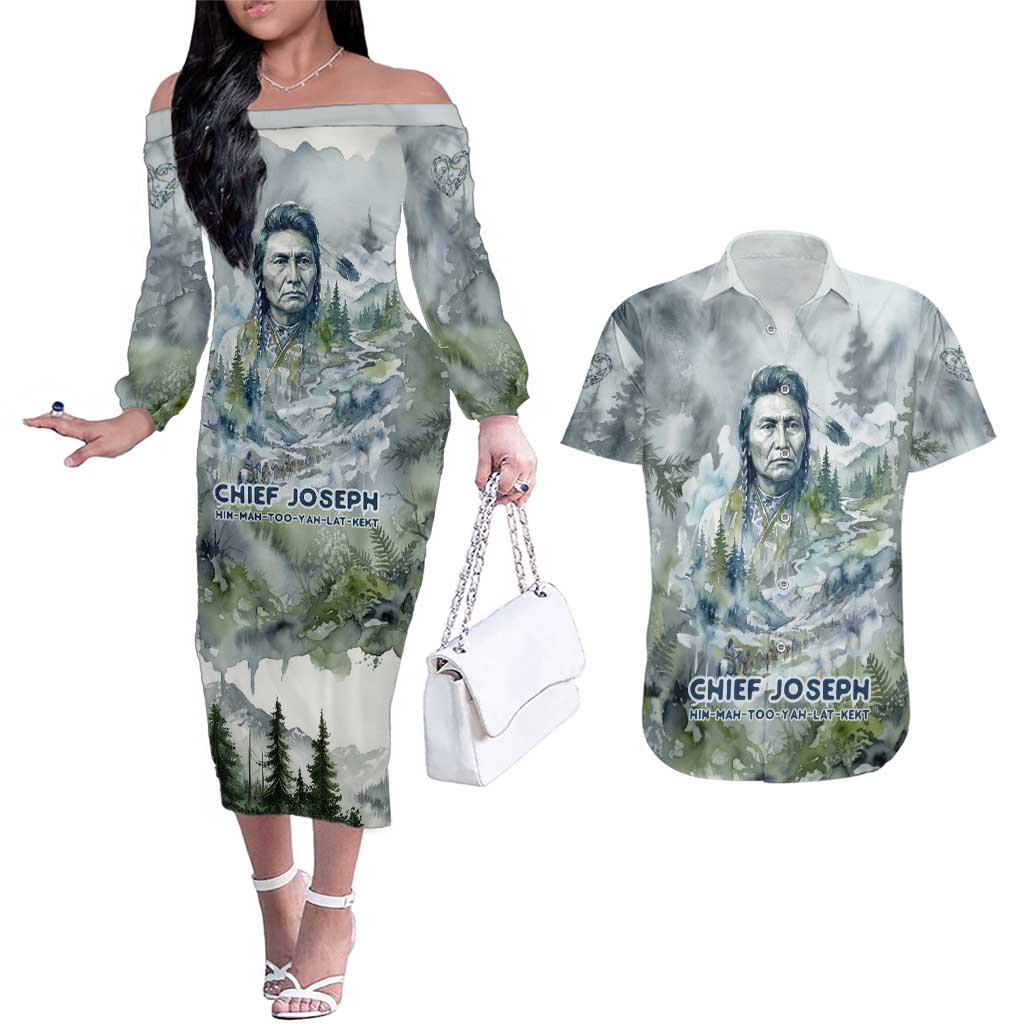 Chief Joseph Native American Couples Matching Off The Shoulder Long Sleeve Dress and Hawaiian Shirt Tribal Heart Symbol Inspirational Quote Will Fight No More Forever - Wonder Print Shop