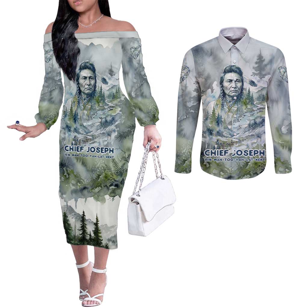 Chief Joseph Native American Couples Matching Off The Shoulder Long Sleeve Dress and Long Sleeve Button Shirt Tribal Heart Symbol Inspirational Quote Will Fight No More Forever - Wonder Print Shop