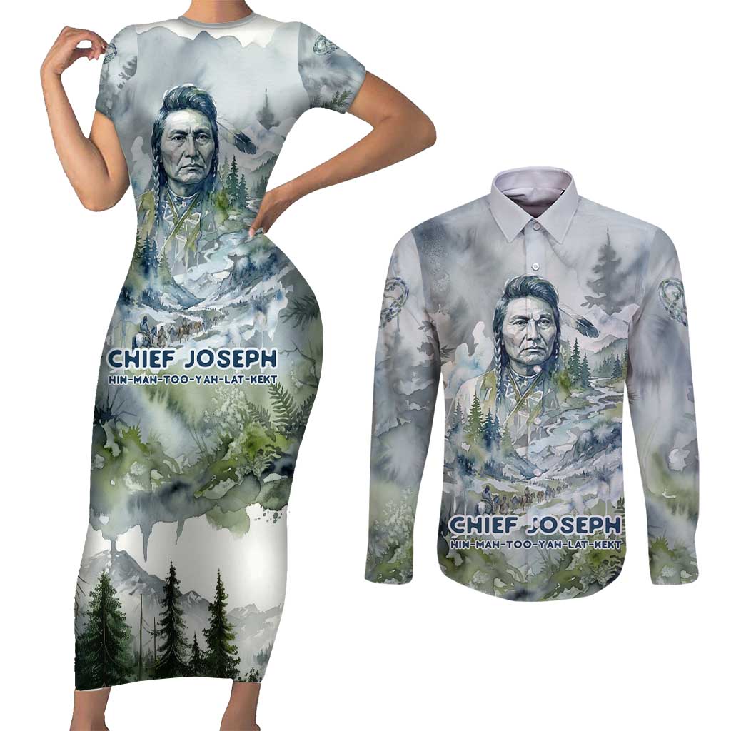 Chief Joseph Native American Couples Matching Short Sleeve Bodycon Dress and Long Sleeve Button Shirt Tribal Heart Symbol Inspirational Quote Will Fight No More Forever - Wonder Print Shop