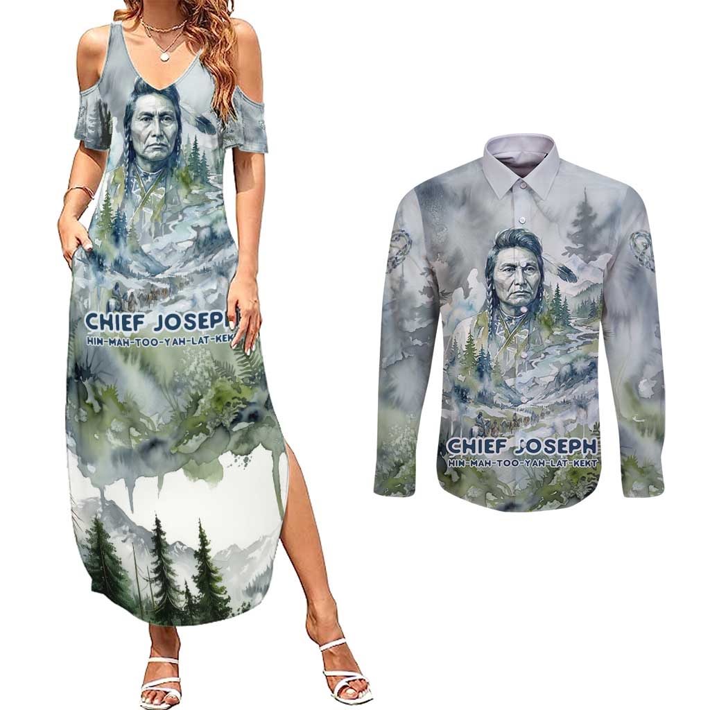 Chief Joseph Native American Couples Matching Summer Maxi Dress and Long Sleeve Button Shirt Tribal Heart Symbol Inspirational Quote Will Fight No More Forever - Wonder Print Shop