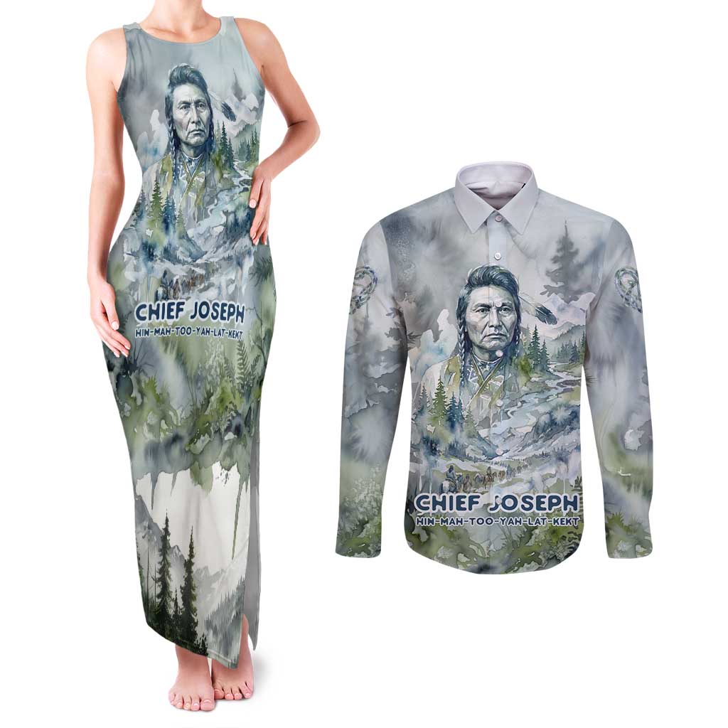 Chief Joseph Native American Couples Matching Tank Maxi Dress and Long Sleeve Button Shirt Tribal Heart Symbol Inspirational Quote Will Fight No More Forever - Wonder Print Shop