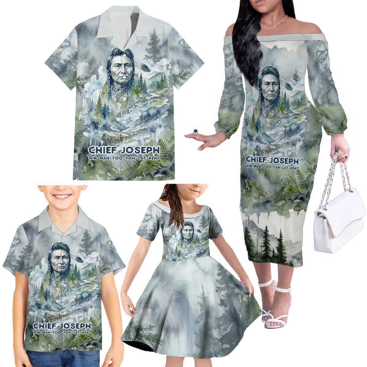 Chief Joseph Native American Family Matching Off The Shoulder Long Sleeve Dress and Hawaiian Shirt Tribal Heart Symbol Inspirational Quote Will Fight No More Forever - Wonder Print Shop