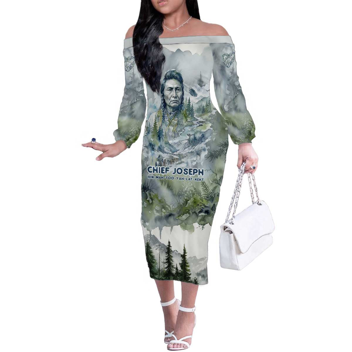 Chief Joseph Native American Family Matching Off The Shoulder Long Sleeve Dress and Hawaiian Shirt Tribal Heart Symbol Inspirational Quote Will Fight No More Forever - Wonder Print Shop
