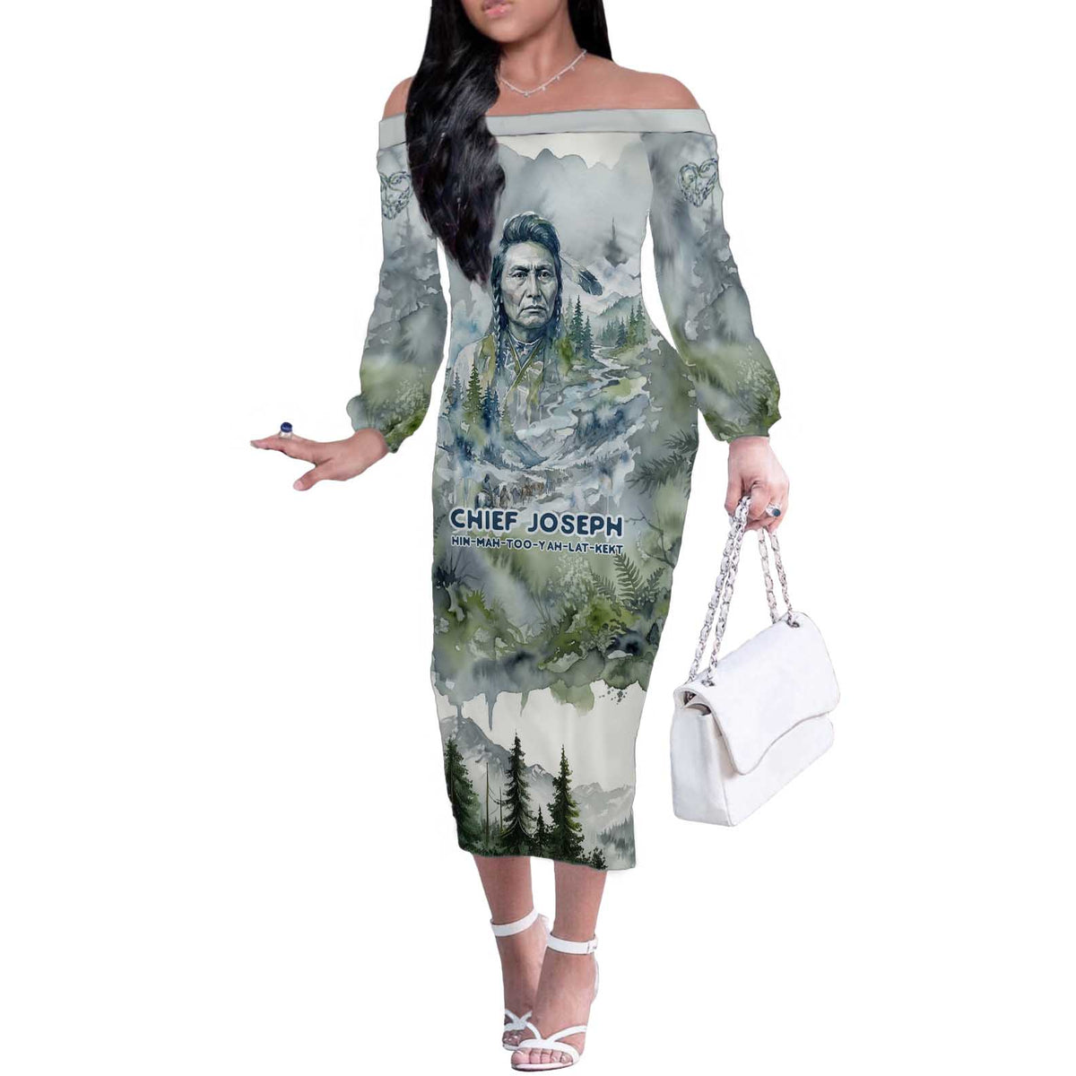 Chief Joseph Native American Off The Shoulder Long Sleeve Dress Tribal Heart Symbol Inspirational Quote Will Fight No More Forever - Wonder Print Shop