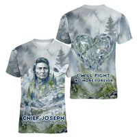 Chief Joseph Native American Women V-Neck T-Shirt Tribal Heart Symbol Inspirational Quote Will Fight No More Forever - Wonder Print Shop