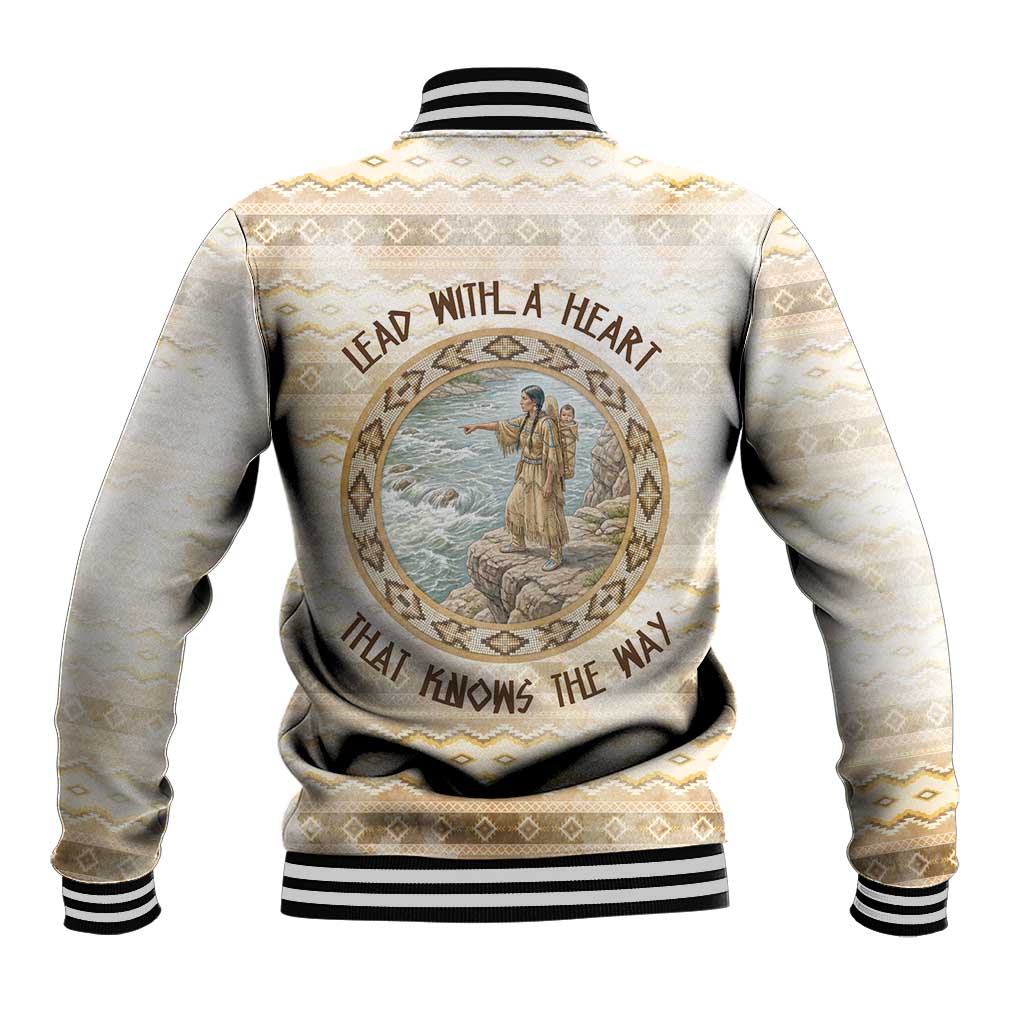 Sacagawea Native American Baseball Jacket River Journey Scene Inspirational Quote Lead with Your Heart - Wonder Print Shop