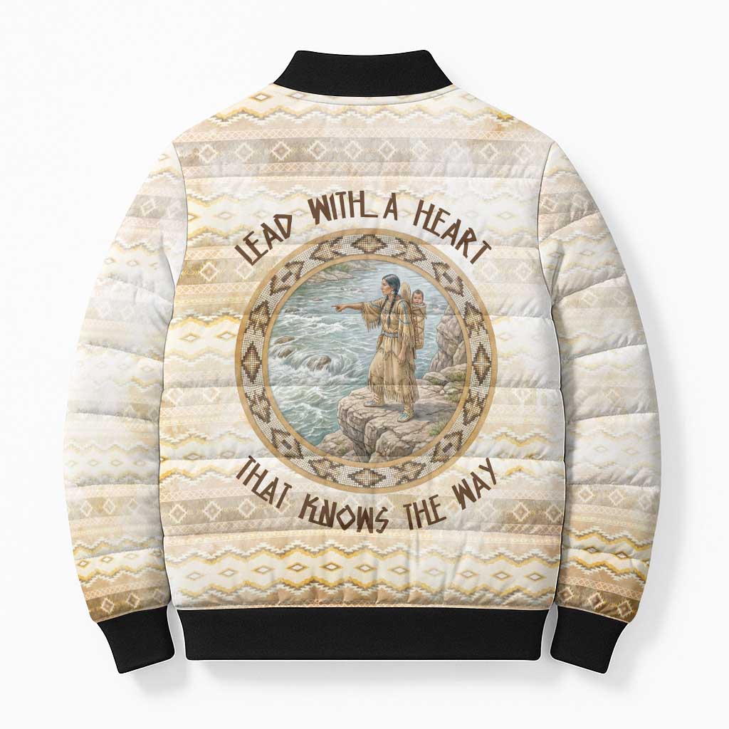 Sacagawea Native American Bomber Puffer Jacket River Journey Scene Inspirational Quote Lead with Your Heart - Wonder Print Shop
