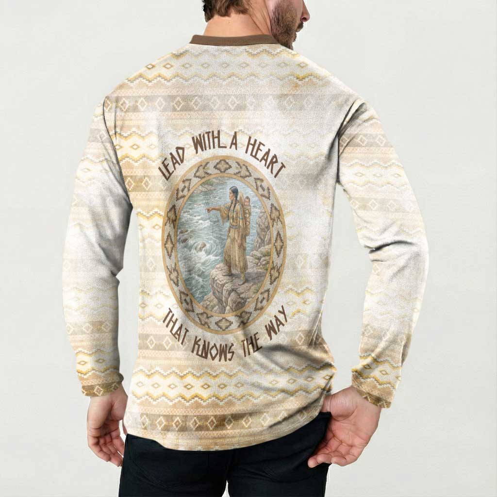 Sacagawea Native American Button Sweatshirt River Journey Scene Inspirational Quote Lead with Your Heart - Wonder Print Shop