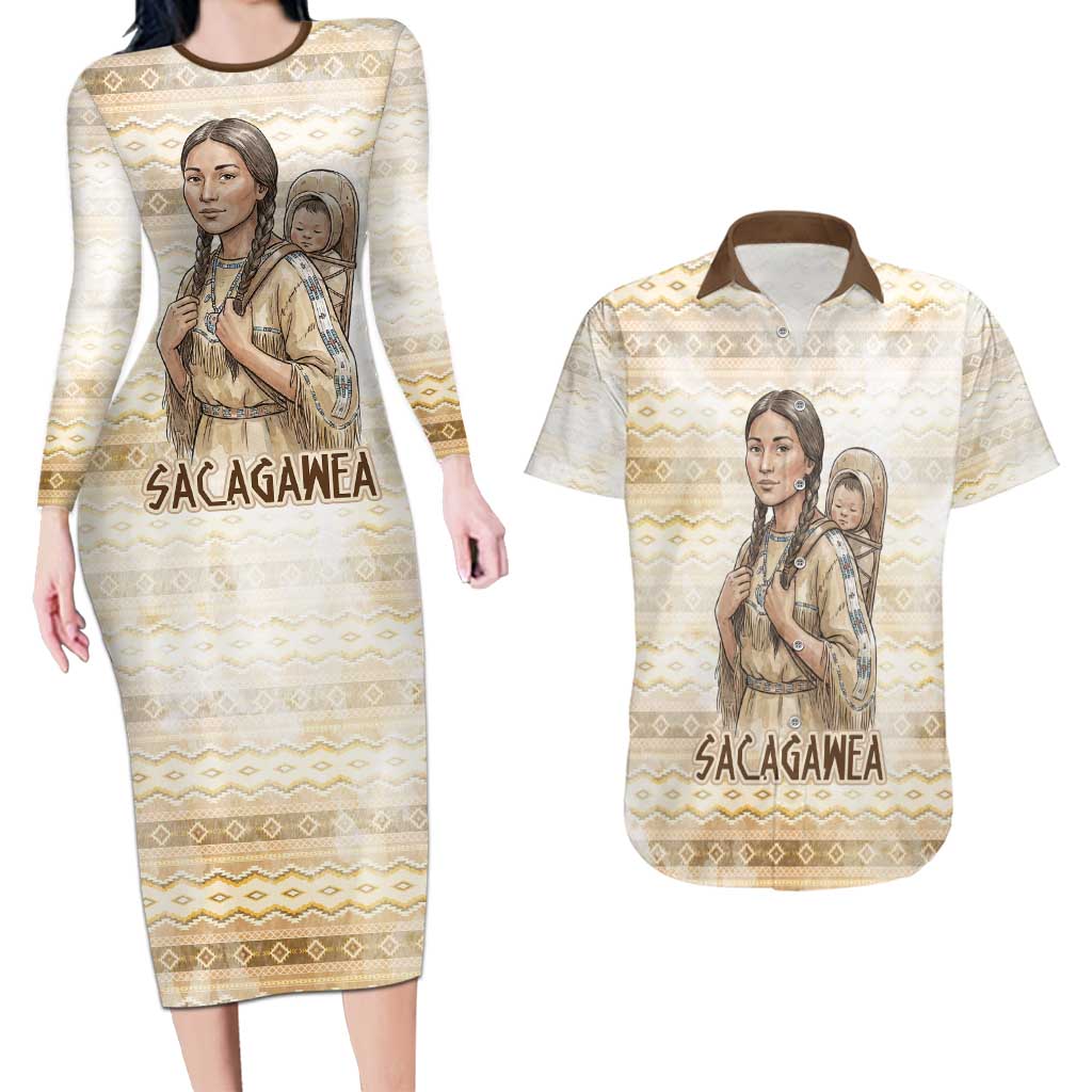 Sacagawea Native American Couples Matching Long Sleeve Bodycon Dress and Hawaiian Shirt River Journey Scene Inspirational Quote Lead with Your Heart - Wonder Print Shop