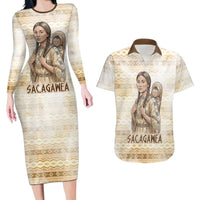 Sacagawea Native American Couples Matching Long Sleeve Bodycon Dress and Hawaiian Shirt River Journey Scene Inspirational Quote Lead with Your Heart - Wonder Print Shop
