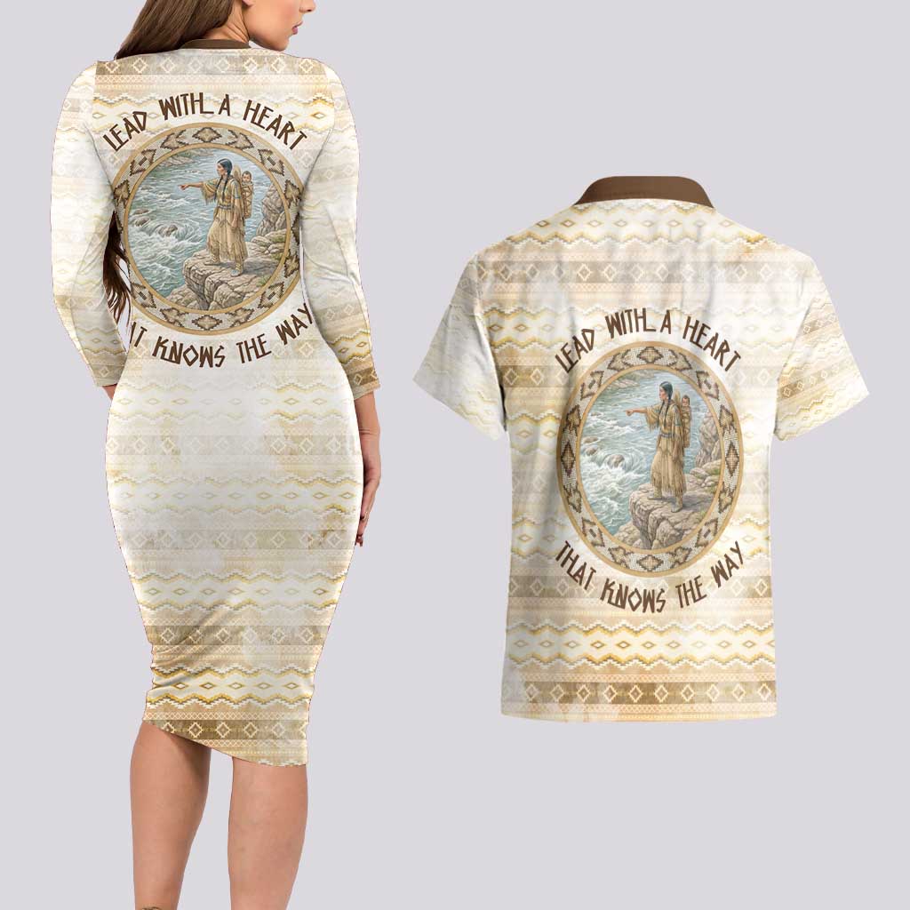 Sacagawea Native American Couples Matching Long Sleeve Bodycon Dress and Hawaiian Shirt River Journey Scene Inspirational Quote Lead with Your Heart - Wonder Print Shop