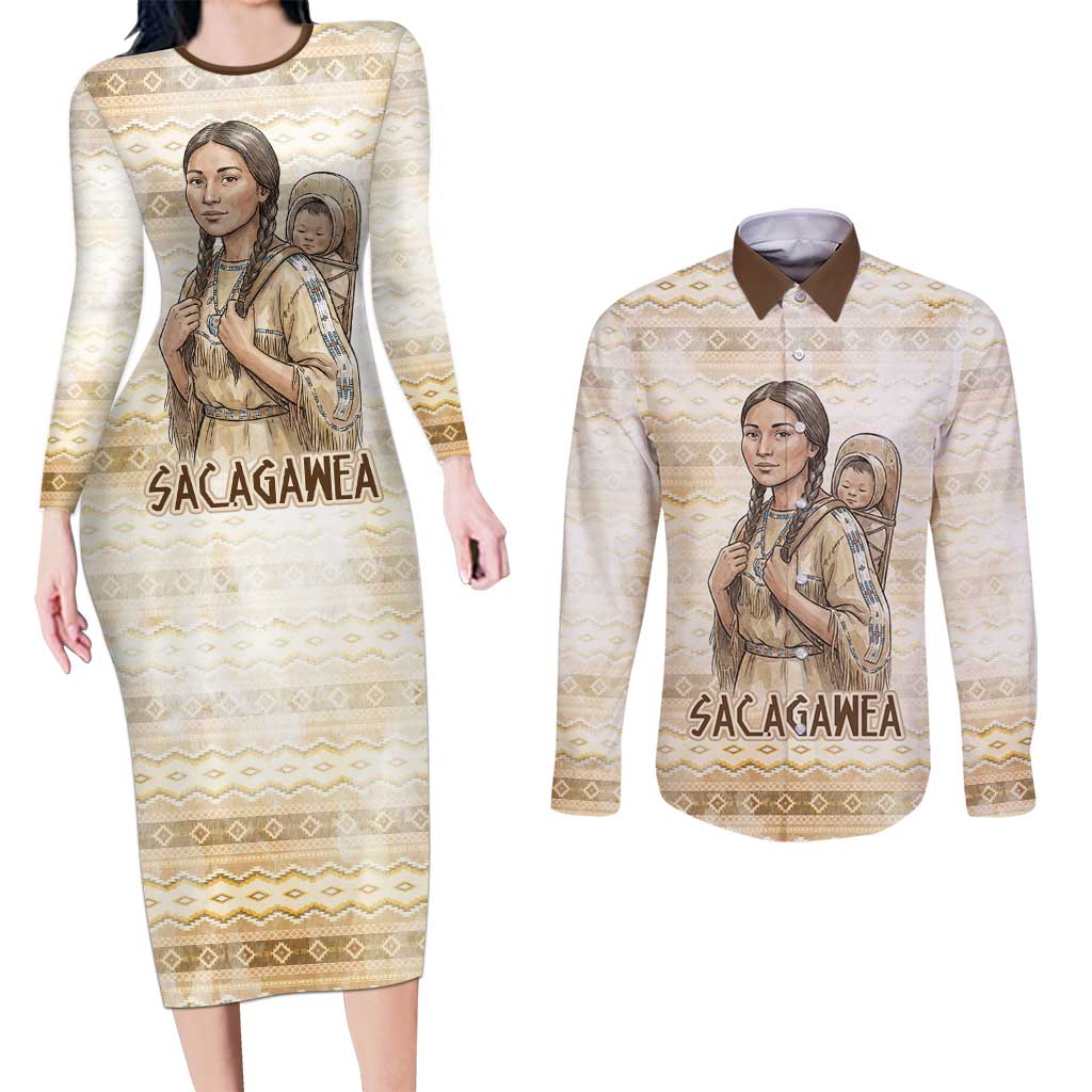 Sacagawea Native American Couples Matching Long Sleeve Bodycon Dress and Long Sleeve Button Shirt River Journey Scene Inspirational Quote Lead with Your Heart - Wonder Print Shop