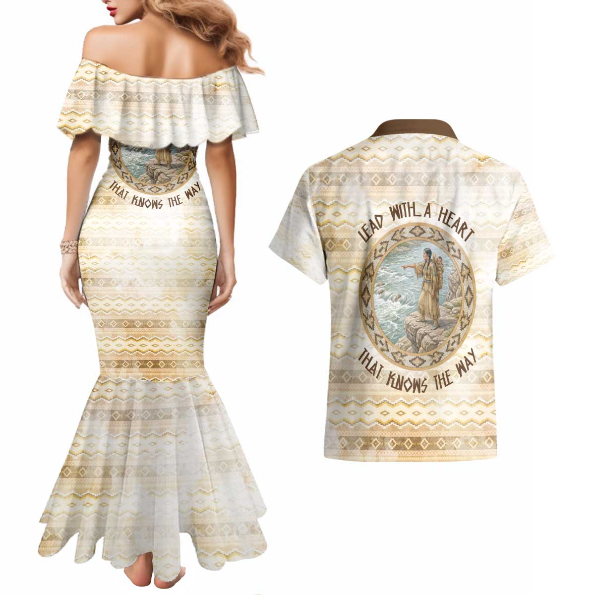 Sacagawea Native American Couples Matching Mermaid Dress and Hawaiian Shirt River Journey Scene Inspirational Quote Lead with Your Heart - Wonder Print Shop