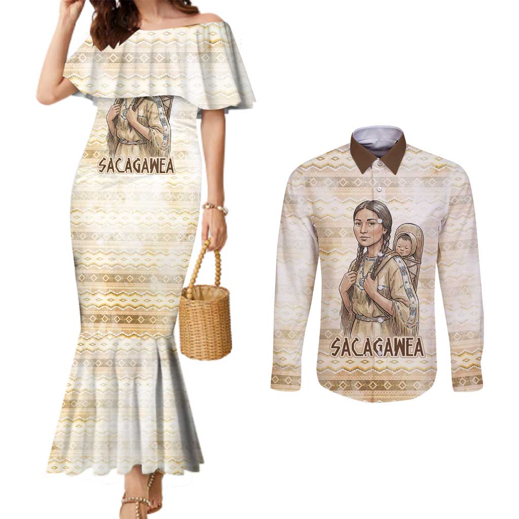 Sacagawea Native American Couples Matching Mermaid Dress and Long Sleeve Button Shirt River Journey Scene Inspirational Quote Lead with Your Heart - Wonder Print Shop