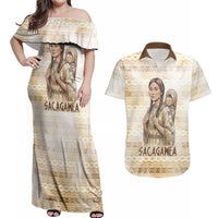 Sacagawea Native American Couples Matching Off Shoulder Maxi Dress and Hawaiian Shirt River Journey Scene Inspirational Quote Lead with Your Heart - Wonder Print Shop