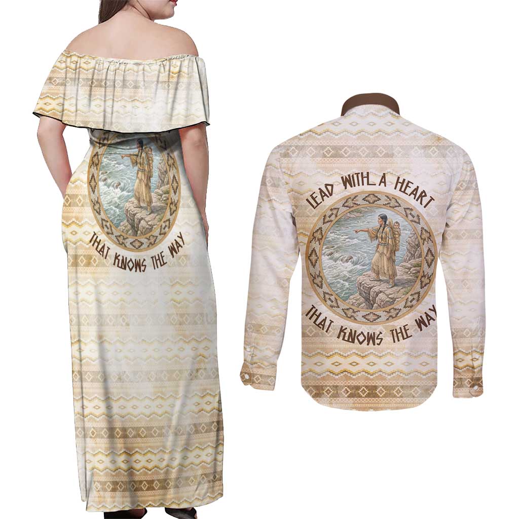 Sacagawea Native American Couples Matching Off Shoulder Maxi Dress and Long Sleeve Button Shirt River Journey Scene Inspirational Quote Lead with Your Heart - Wonder Print Shop