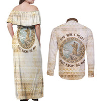 Sacagawea Native American Couples Matching Off Shoulder Maxi Dress and Long Sleeve Button Shirt River Journey Scene Inspirational Quote Lead with Your Heart - Wonder Print Shop
